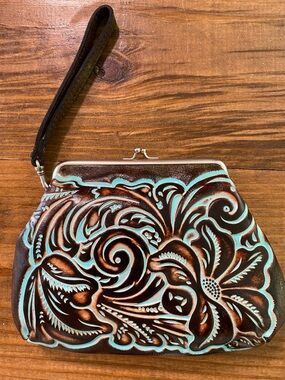 Patricia Nash Turquoise and Brown Tooled Leather Wristlet Clutch